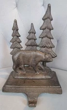 Cast Iron Rustic Lodge Christmas Mantle Stocking Holder Bear with Trees