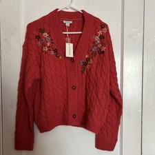 NWT Sundance Catalog Pink Embroidered Cableknit Pocket Of Posies Cardigan M