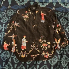 Citron Santa Monica Top Women Medium Black Silk Shirt Chinese button Oriental