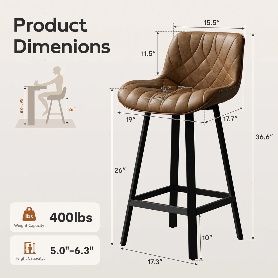 26 inch Counter Height Bar Stools Set of 2 Leather Padded Kitchen Island Chairs - Image 2 of 4