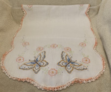 Hand Embroidered BUTTERFLIES FLOWERS Oblong Table Runner 15x37 - EUC