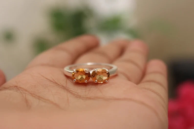 925 Sterling Silver Citrine Two-Stone Statement Ring for Women  
