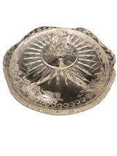 Vintage Etched Glass Three Compartment Covered Serving Dish