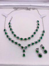 92.5 Silver Emerald Necklace Set Bracelet Earrings Wedding Jewelry set for her