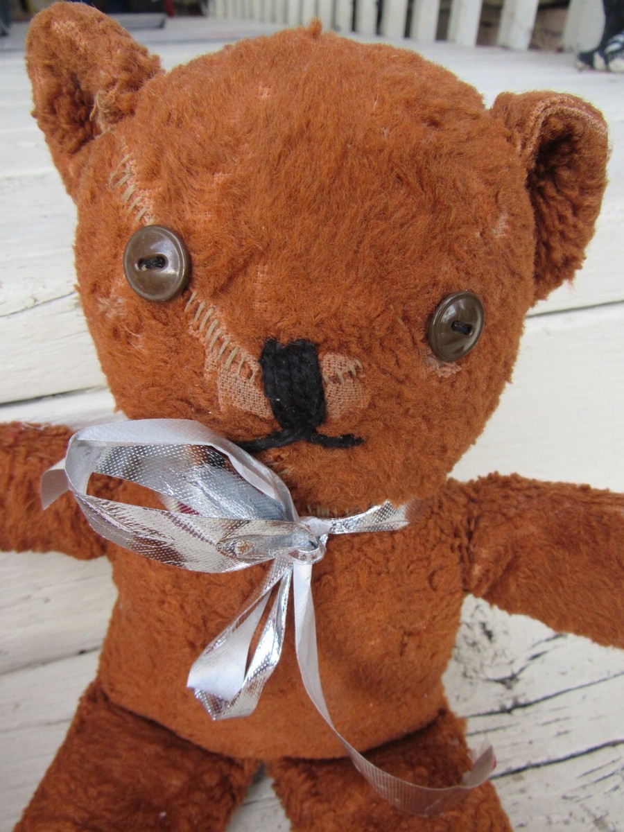VINTAGE TEDDY BEAR RED BROWN PLUSH SEWING BUTTON EYES 195OS 60S