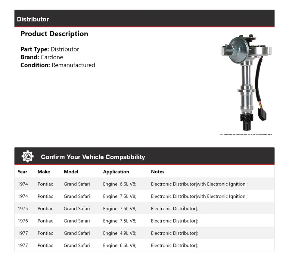 Pontiac Grand Safari 1974-1977 distribuidor Cardone 1975 1976 Foto 2 de 4