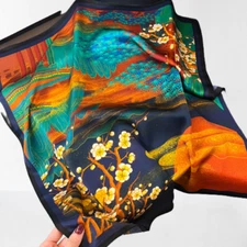 100% Silk 26" square Scarf Women neckerchief Wrap floral red blue WS219