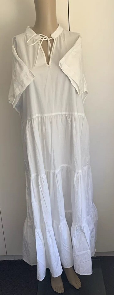 Womens White Sundress 100% Cotton Size M   Casual  Boho Midi Tiered Dress Cool