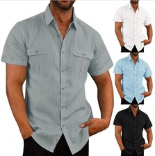 Cotton Linen Men Shirt Short Sleeved Summer Casual Solid Colour Stand Up Collar