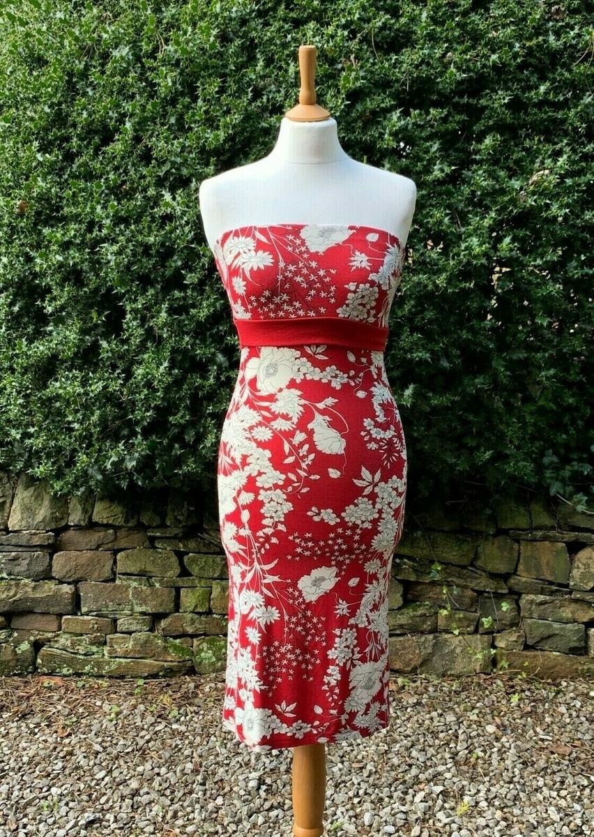 Jane Norman Red White Floral Strapless Dress Stretch Size 12 (Small Fit)  Tagged