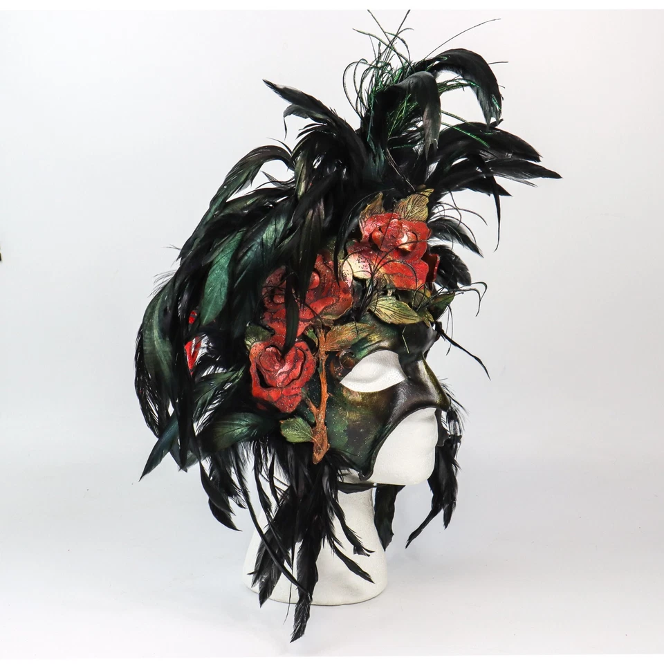 ArtsMyths Studio Large Leather and Feather Half Mask with Red Roses Masquerade - Image 4 of 4