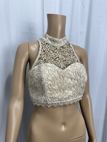 Sequins Hearts Lace Crop Top Champagne Open Back Zip Halter Top 90s Y2K Sz 3 - Picture 2 of 14