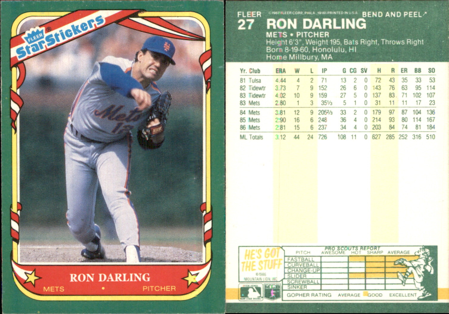 Ron Darling 1987 Fleer Star Stickers #27 Card Mets FREE SHIP *AutographDen*