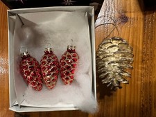 Christmas ornaments 3 small Red Glitter glass pinecones Real Dipped Silver