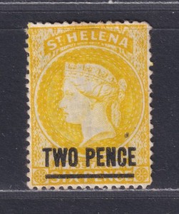 St Helena Scott 30 MH OG 1883 2d on 6d Yellow Victoria Perf 14 Crown CC SCV $150