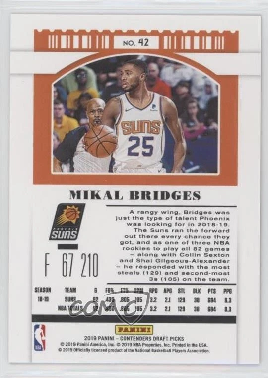 2019 Panini Contenders Draft Picks Season Diamond Ticket /15 Mikal Bridges #42 - Image 2 of 2