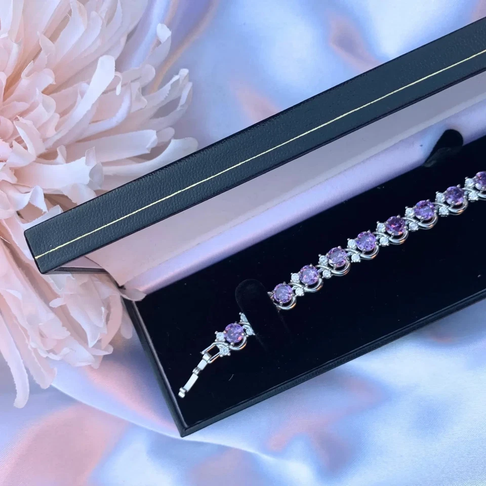 Pulseira de tênis folheada a ouro branco corte redondo roxo flor de ametista - Caixa grátis - Imagem 3 de 3