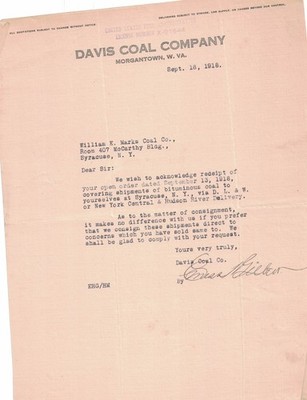 1918 Davis Coal Company Letter Morgantown WV Bituminous Coal Business Ephemera
