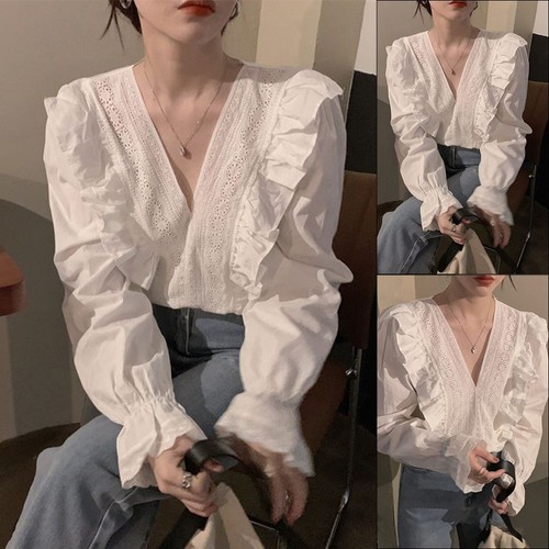 Spring Ruffled V Neck Loose Long Sleeved Elegant For Women's Shirt Top Blouse - Picture 4 of 28