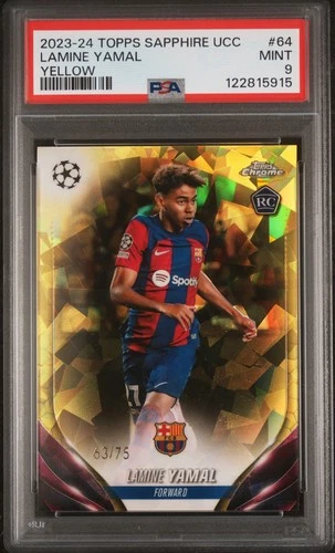 Lamine Yamal 2023-24 Topps Chrome Sapphire UCC Edition #64 Yellow /75 PSA 9