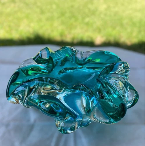 Vtg Aquamarine Teal Murano Art Glass Sommerso Ashtray,Bowl MCM Dish Home Decor