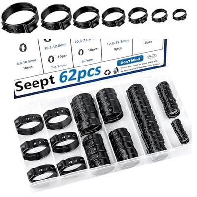 304 SS schwarze Einohr-Schlauchschellen 62 Stück 6 mm 7 mm 8,8 mm 10,3 mm 12,8