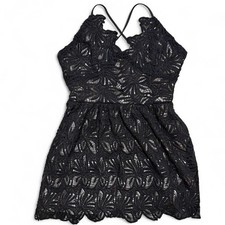 J.O.A. Black Overlay Lace Cross Strap Satin Party V Neck Minidress Ladies Size S