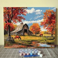 Autumn Farm Scenery Paint by Numbers Kits 16x20 inch Canvas Farm Barn Horse 