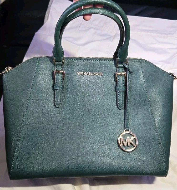 Michael Kors Cartera Bolso de Mano Verde Cuero Saffiano Bandolera Correa Ciara