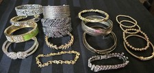 Lot Of 16 Bracelets Mixed Costume Jewelry Gold  Silvertone Bangles Cuffs Bling