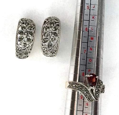 Vintage - Marcasite 925 Silver Earrings & Garnet Stone Size 8 Ring