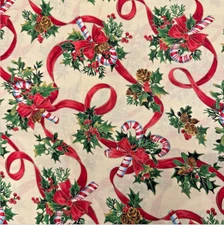 VTG Cranston Christmas Fabric Holly Candy Cane Bow Joanne Messmore 18x44 by 1/2Y