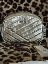 TORY BURCH Kira Chevron Metallic Small Camera Bag Gold Leather Silver Hardware