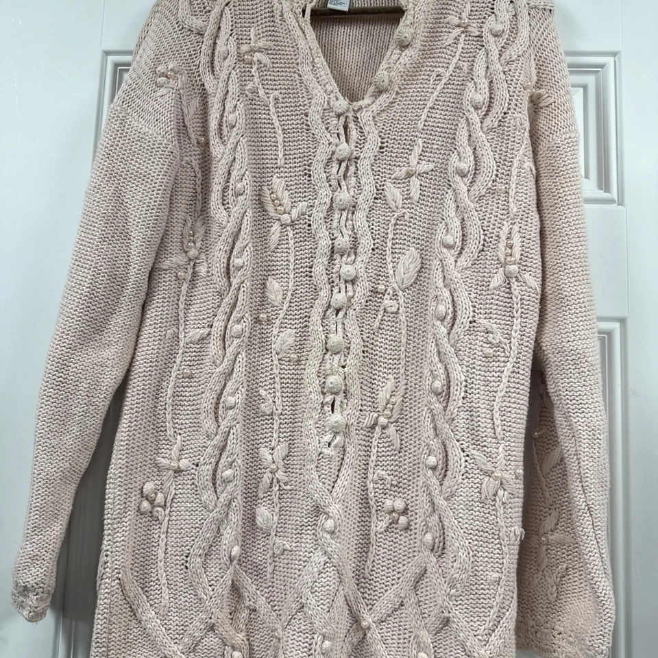 Cárdigan suéter vintage Celina Yang para mujer rosa con botones floral con cuentas talla 1X Foto 3 de 4