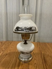 Vintage Currier and Ives Milk Glass Electric Lamp Horses Barn Farm White 18" B