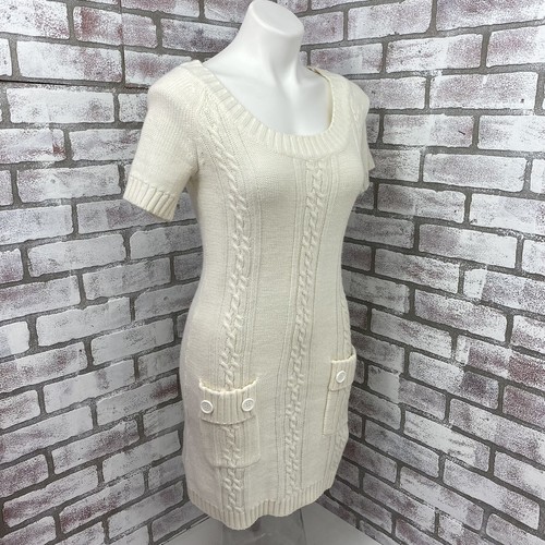 Liv Sweater Dress Womens Small Cable Knit Cream Short Sleeve Cabincore Cozy Work - Picture 10 of 12