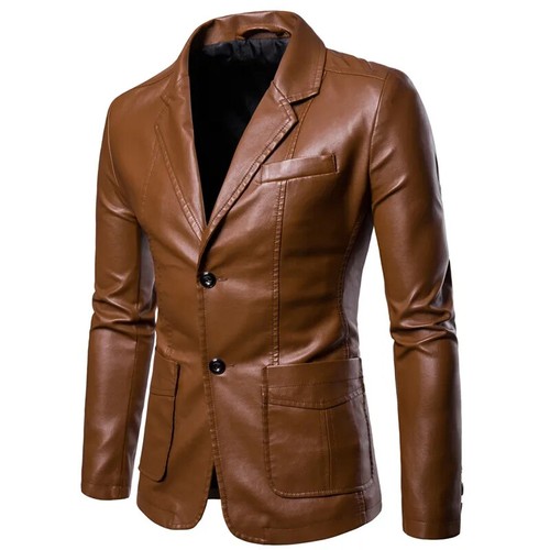 Mens PU Leather Jacket Business Blazer Coat Two Button Nightclub Slim Fit Casual - Picture 9 of 25
