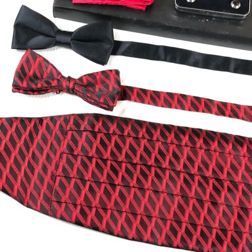 Bravatte fiocco Hankie After Six Cummerbund rosse nere borchie - Foto 3 di 14