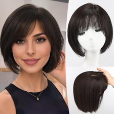 Short Black Bob Wig with Bangs Real Human Hair Wig for Women None Lace
