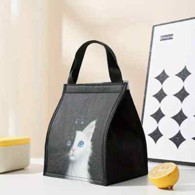 Thermoisolierte Brotzeittasche cool klein Picknick Erwachsene Kinder schwarz weiß Katze Kätzchen