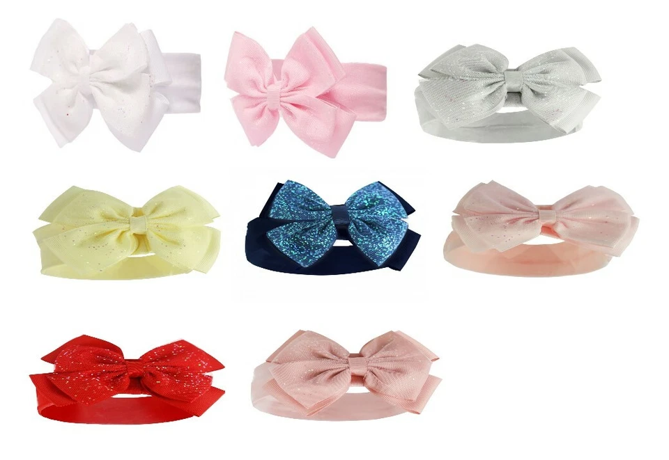 BABY GIRLS PLAIN HEADBAND HAIR BAND WITH GLITTER BOW Various Colour - SOFT TOUCH