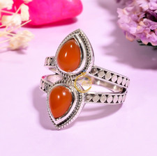 Natural Carnelian Gemstone Ring Orange Stone 925 Sterling Silver Boho Rings
