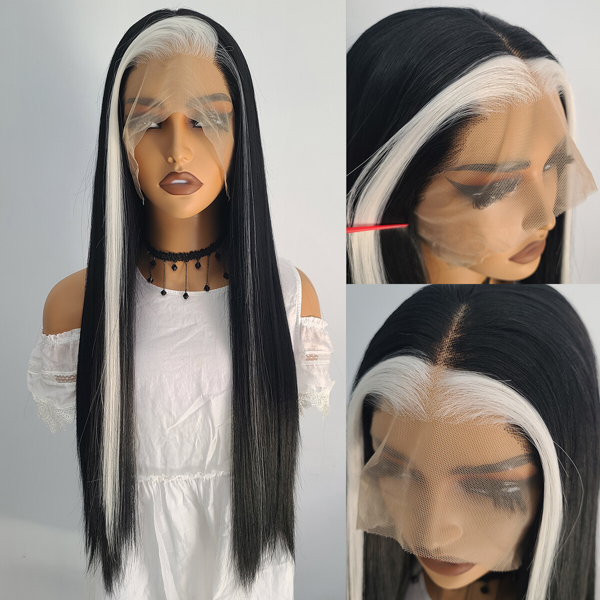 Extra Long White Highlgiht Black Full Lace Front Heat Resistant Fiber Wigs Women