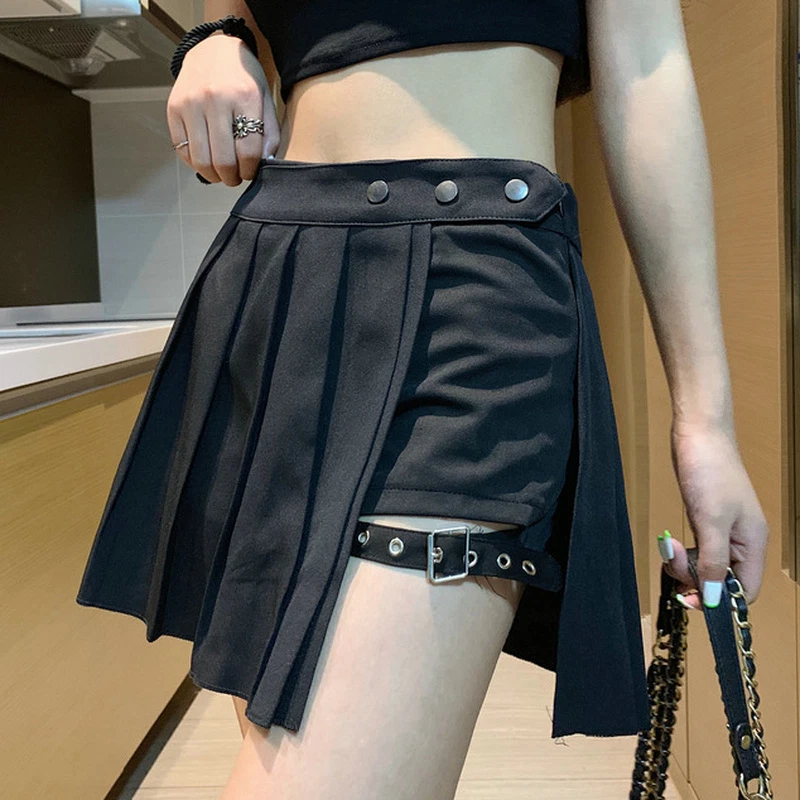 Plaid gothic asymmetric top mini skirt and belt