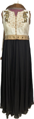 Oswal Women's Party Dress Embroidered Gown Black with Tulle Scarf Size M