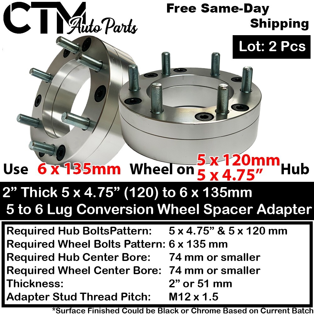 2x 2" Thick 5x4.75 to 6x135 Conversion Wheel Spacer Adapter Jaguar Aston Martin
