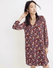 Madewell Women M Red Floral Print Button Up Back V-Neck Long Sleeve Dress Preppy