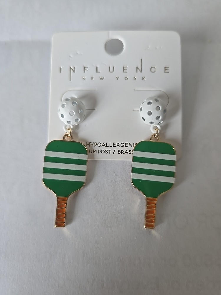 Preppy Green & White Stripe Pickleball Paddle Dangle Earrings
