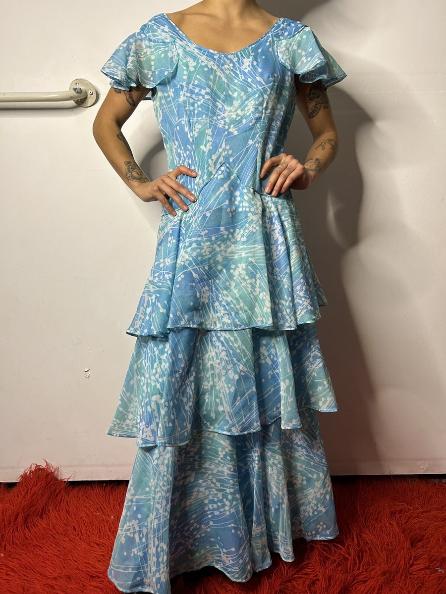 Vintage 1950s 1960s Handmade Tiered Gown Dress Blue Nylon Flutter