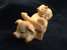 Pigs Playing Ceramic figurine Piglet on Back Piggy Stuck Fence Tan Cute 3.5